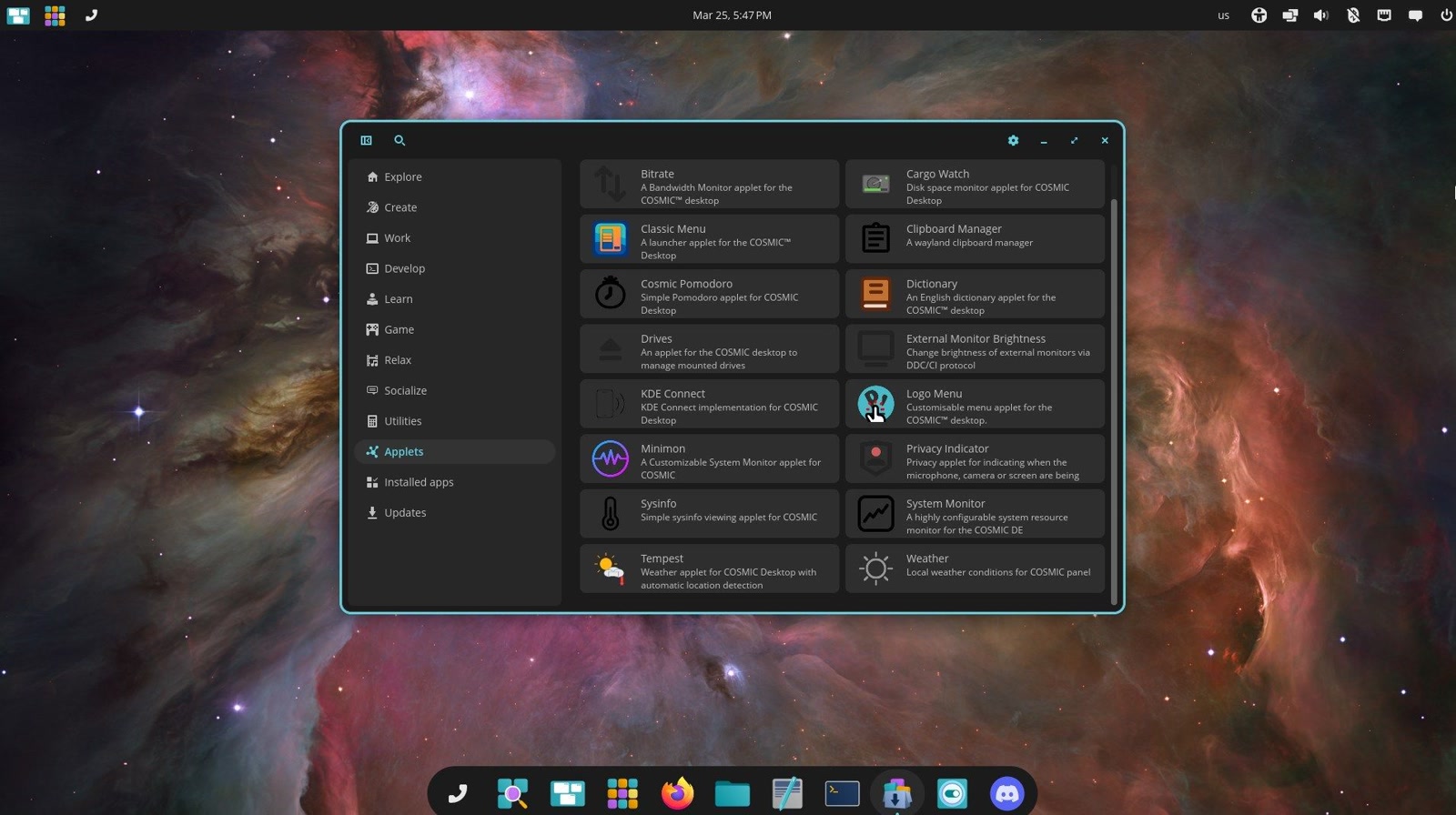 COSMIC desktop environment showing applets on the panel