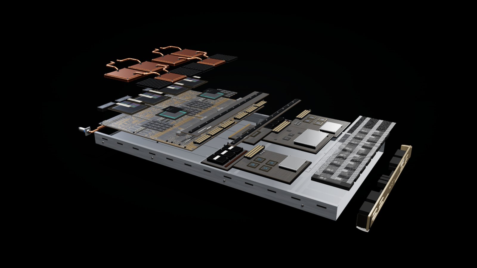 Exploded 3D view of a Vera Rubin superchip: two Rubin GPU packages and the Vera CPU lifted above the package substrate, with an NVL144 compute tray behind